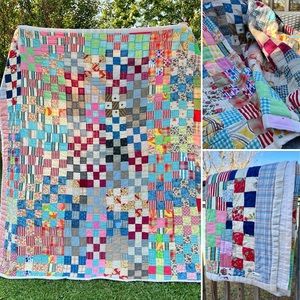 Colorful NineSquares Quilt! Antique Quilt Mended and Renewed!